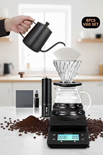 MIBRU 08Pcs Coffee Brewing Set with Kettle, Grinder, Server, Scale, Filters & Spray