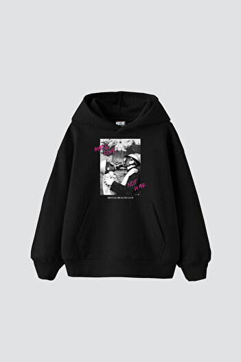 Sekizbiraltı Make Love Not War Vintage Printed Oversize Unisex Black Hoodie