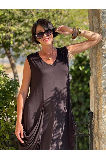 Punta Otantik Fty1004 Slit Sleeveless Round Viscose Dress Black