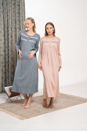 Lohusa Homewear Women's Salmon Melange Lace Detailed Winter Plus Size (Oversized) Full Length Nightgown