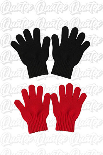 QUATEX Red and Black Children's 2-Piece Knitwear Gloves
