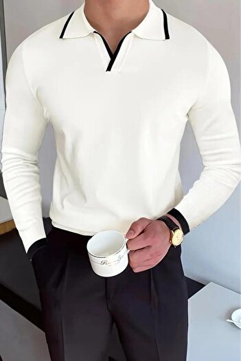 Oksit Roxy Slim Fit Collar and Sleeve Stripe Men's Polo Neck Knitwear Sweater