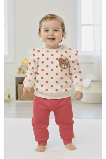 ruhaay Baby&Child Long Sleeve Ruffled Sleeve Detailed Puntiyeli Teddy Bear Embroidered Seasonal Top and Bottom Set