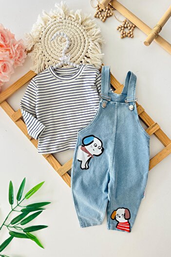Minigimin Cicileri My Little One's Cicileri Dog Printed Baby Boy Denim Overalls Set - Light Blue