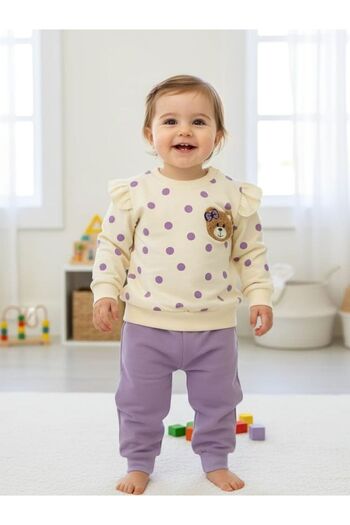 ruhaay Baby&Child Long Sleeve Ruffled Sleeve Detailed Puntiyeli Teddy Bear Embroidered Seasonal Top and Bottom Set