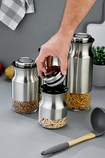 Le Paon Set of 4 Stainless Steel Vacuum Jars with Lids 1800-1500-1300-1000 ml Airtight