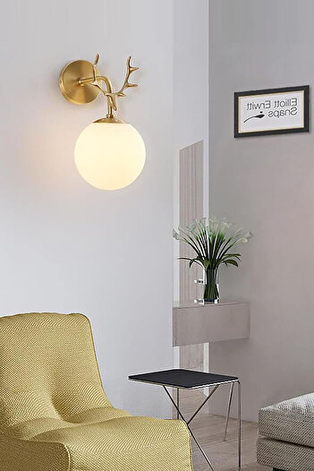 Uçar Deer Patterned Opal White Glass Antique Color Wall Sconce with Deer