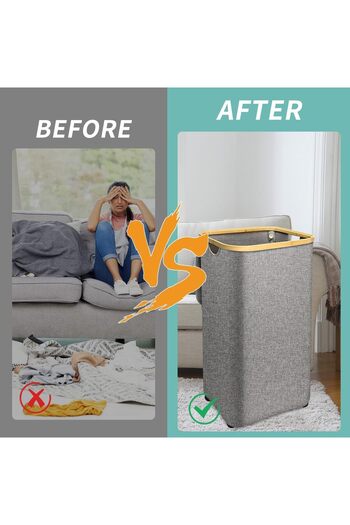 AutoFamily AUTO FAMILY Foldable Laundry Hamper with Lid – Bamboo Frame & Fabric Liner, Clothes Storage Basket