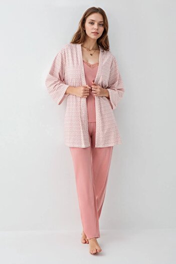 Pierre Cardin Women's Modal Boxed 3-Piece Patterned Pink Dressing Gown & Pajama Set Set L1.Pc.908.2.001