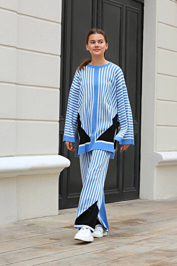 Wear Up Striped bicycle collar knitwear suit blue