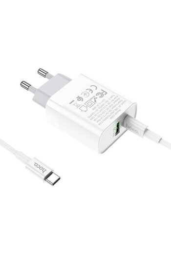 Hoco Încărcător C80A, USB/USB-C, Încărcare rapidă 3.0, Power Delivery 20W, Cablu USB-C inclus, Alb