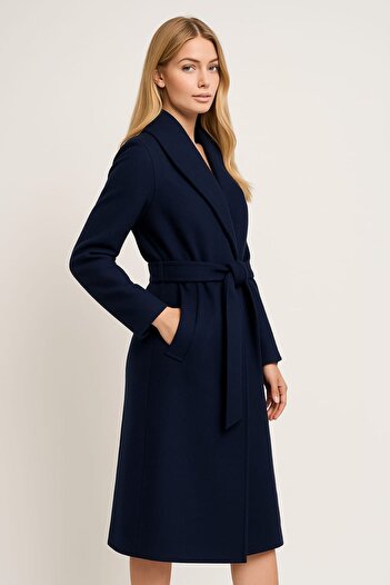 PORİENTO Belden Belted Cashmere Look Women's Coat – Shawl Collar, Below the Knee, with Pockets, Unlined