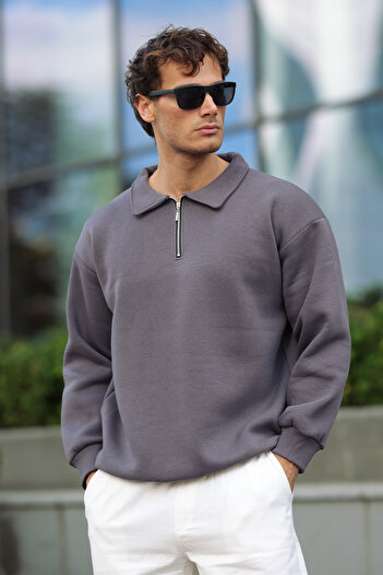 aziso Men's Polo Neck Soft Inside Half Zipper Loose Fit Sweatshirt