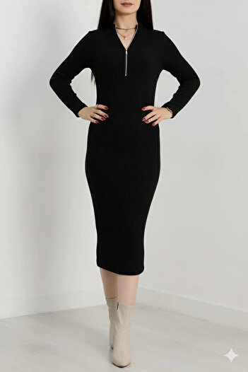Wear Up Zipper Detailed Corduroy Dress Black A3178