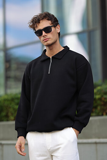 aziso Men's Polo Neck Soft Inside Half Zipper Loose Fit Sweatshirt