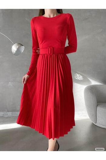 Modafeminen Pleated Belted Midi Length Evening Dress 582644 Red
