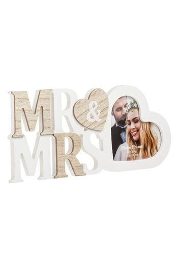 ANTBRO Photo Frame Wooden White Beige 'Mr & Mrs' with Heart – 27x1x12cm
