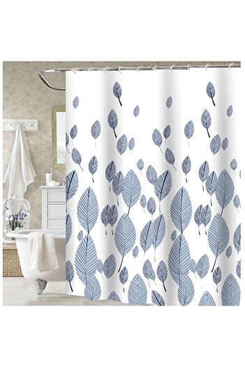 KADDA Shower curtain SWYSJ-80, leaf design, white / blue, 180 x 200 cm