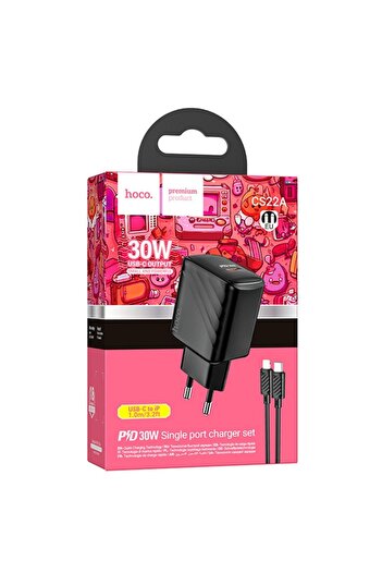 Hoco Mains Charger + Lightning Cable (CS22A), 1m, PD30W, 1xUSB-C, QC/FCP/AFC, Black