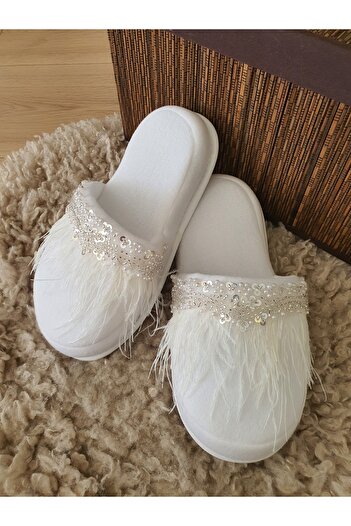 Fiyonks Atölye Maternity Slippers, Postpartum Slippers, Special Feather Series, Bride Slippers