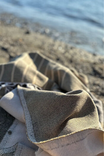 Stella Belli Peshtemal 90 X 180 cm Jacquard 100% Cotton Hand-Woven with Tassels |   Boxed Rope |   Beige - Mustard - Black