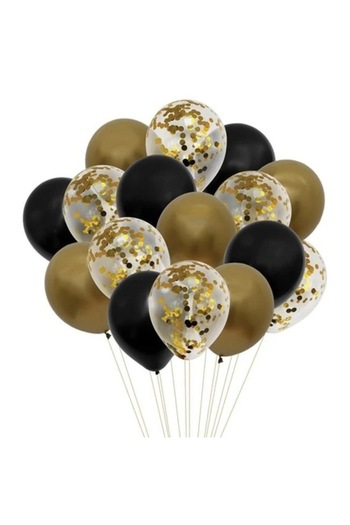 ANTBRO Set 16 baloane de petrecere metalizate aurii, negre si transparente cu confeti, 30cm