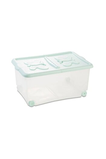 ANTBRO ® storage box with wheels and green mint lid, butterfly pattern, transparent plastic, 40 L