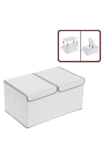 ANTBRO ® Storage Box with Detachable Divider and Double Lid, Handle, White/Grey, 50x30x27 cm