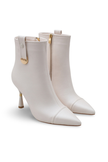 Women Lay-z Women's Ecru Heeled Boots – Leather Look, 9.5 cm Thin Heel, Winter Model with Gold Buckle