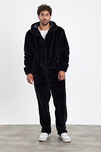 MADZEYMODA Premium Men's Hooded Lined Black Top and Bottom Plush Set Ls-8622
