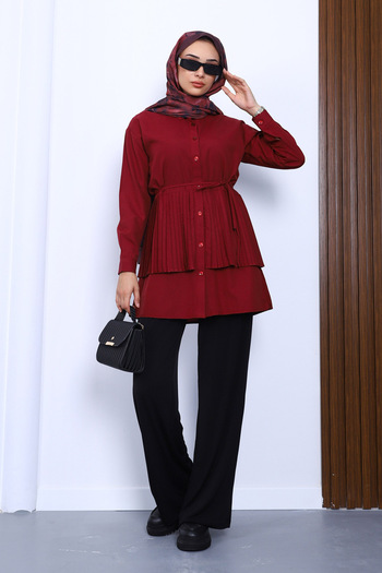 İmajButik Burgundy Side Tie Poplin Tunic