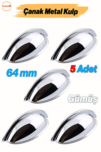 Badem10 Midye Kulp 5 ADET 64 mm Krom Gümüş Metal Mobilya Çekmece Dolap Çanak Kulpu Modern Mutfak Kulpları