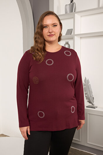 RMG Plus Size Stone Detailed Ring Patterned Long Sleeve Blouse