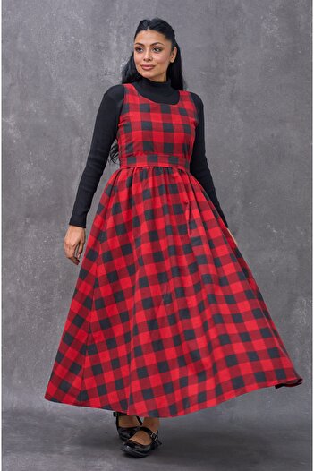 KÜÇÜĞÜM BUTİK Red Checkerboard Patterned Cotton Plaid Gilet and Badi Set (Gile-Badi)
