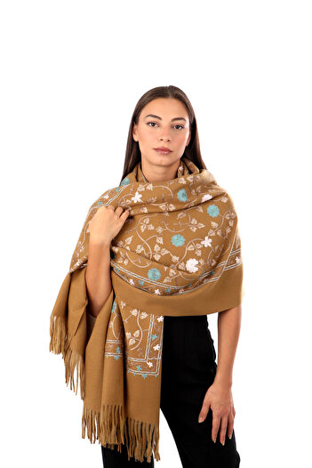 Bursa İpek Dark Mustard Embroidered Winter Shawl