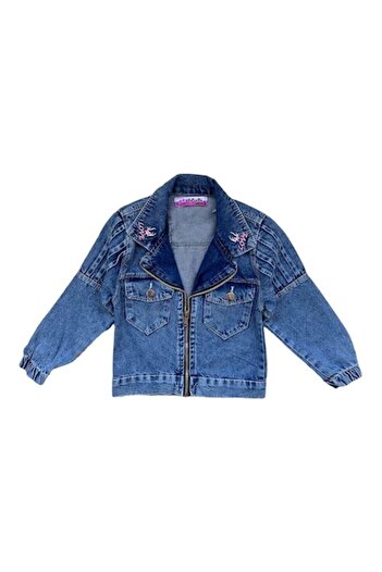 Miniworld Jacheta din denim fete cu aplicatii decorative si fermoar, Love, varsta 4 ani, 104 cm, Albastru