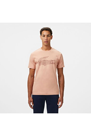 Lacoste Men's Regular Fit Crew Neck Printed Light Brown T-Shirt