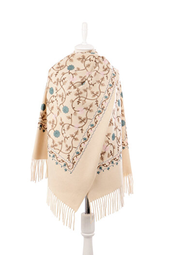 Bursa İpek Beige Embroidered Winter Shawl