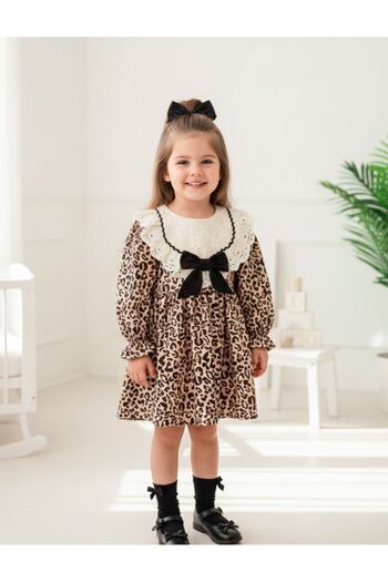 BEYAZ BEBE Leopard Patterned Girl's Lined Dress