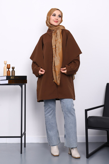 İmajButik Buttoned Trench Coat with Brown Cape Detail
