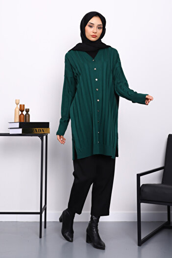 İmajButik Emerald Green Cold Yarn Buttoned Knitwear Cardigan