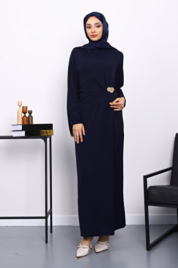 İmajButik Navy Blue Draped Front Buckled Dress