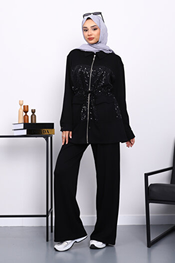İmajButik Black Sequin Zippered Tunic Trouser Suit