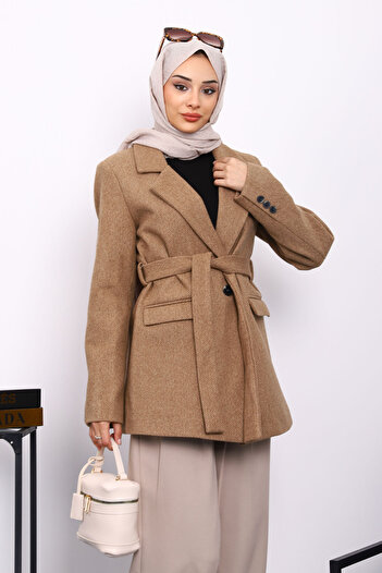 İmajButik Camel Belted Lined Short Cashmere Coat