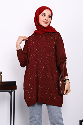İmajButik Burgundy Crew Neck Stone Embroidered Mercerized Knitwear Tunic