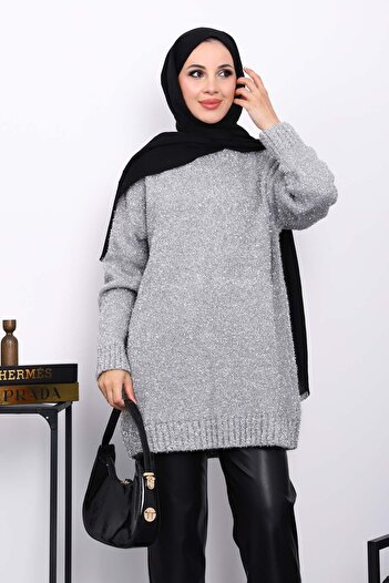 İmajButik Silver Crew Neck Glitter Knit Sweater