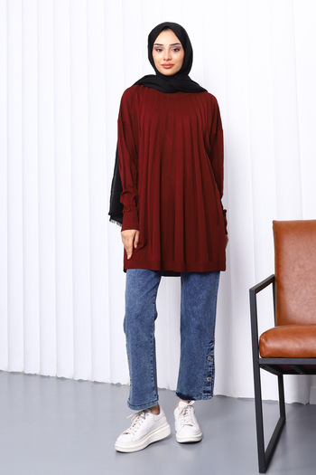 İmajButik Burgundy Crew Neck Mercerized Knitwear Tunic
