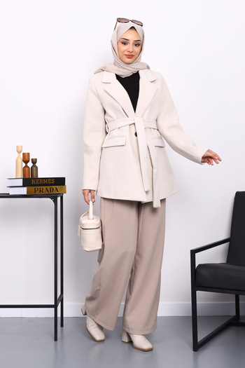 İmajButik Stone Belted Lined Short Cashmere Coat