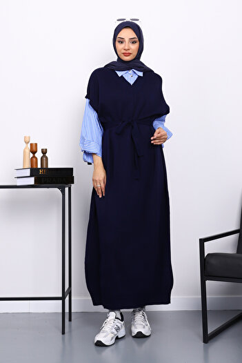 İmajButik Navy Blue Shirt Garnished Belted Knitwear Dress