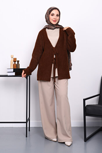 İmajButik Brown Front Tie Angora Soft Cardigan